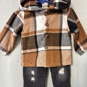 SHEIN Brown Black White Plaid Hooded Kids Matching Set